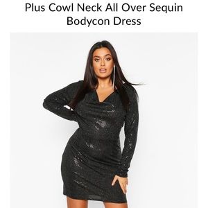 Plus cowl-neck all over black sequin bodycon dress